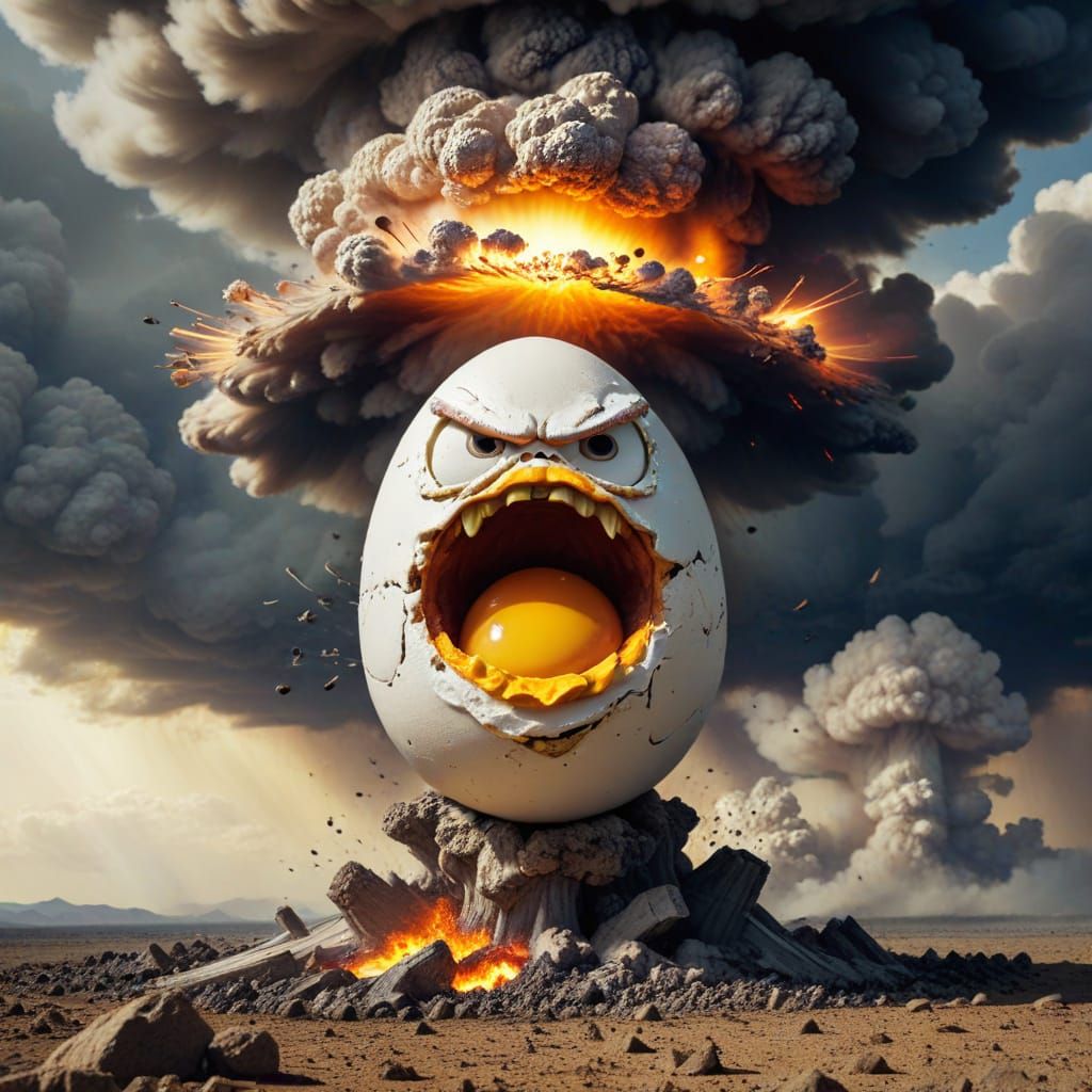Angry Egg on Nuclear Cloud, Surreal AI Art