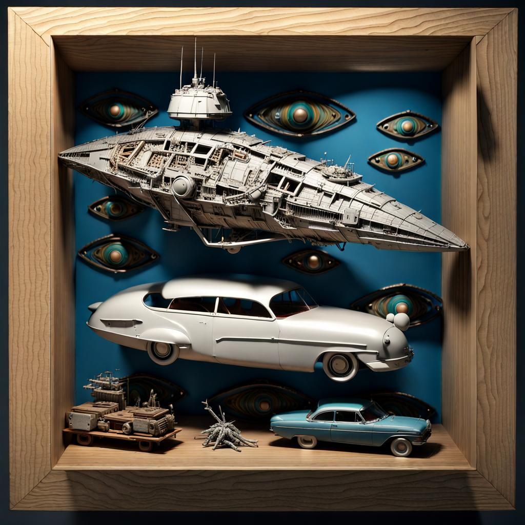 Alien warship and car Into a box by Jo C.