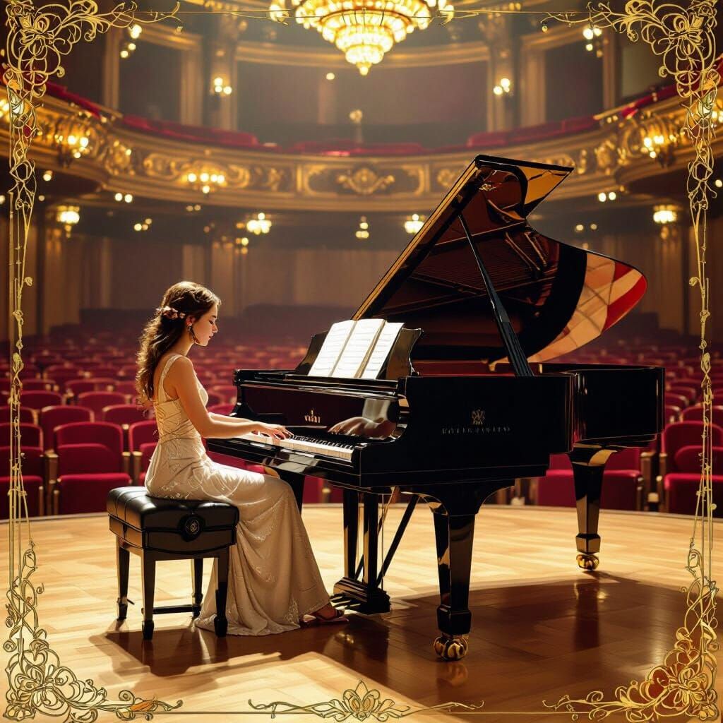Woman Plays Piano in Art Nouveau Style