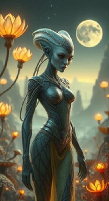 Alien Female in Metallic Outfit on Alien Planet