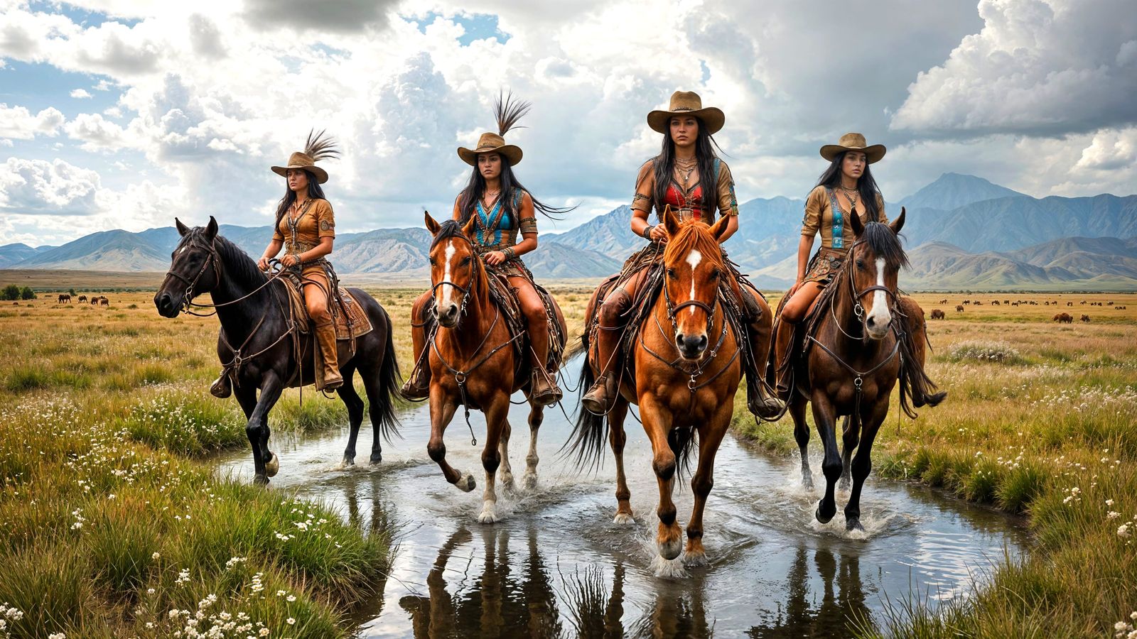 Native American Women Ride Horses Across the Plains in the R...