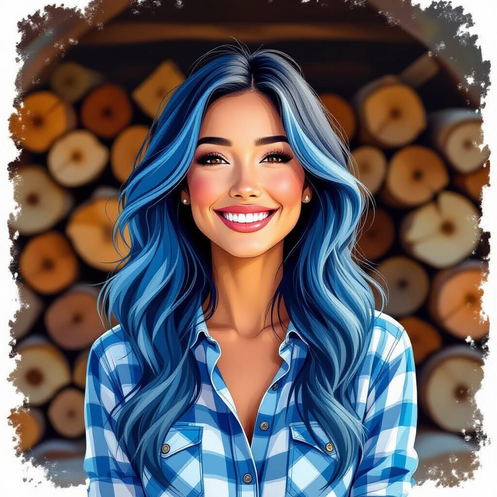Woman With Blue Hair Grinning By Firewood, Storybook Style
