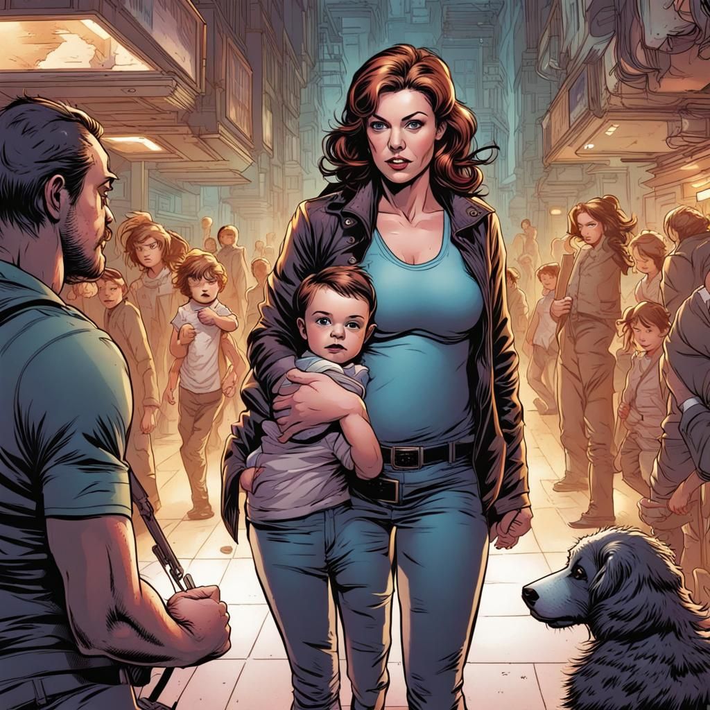 Babysitter Protecting Child in Comic Book Art