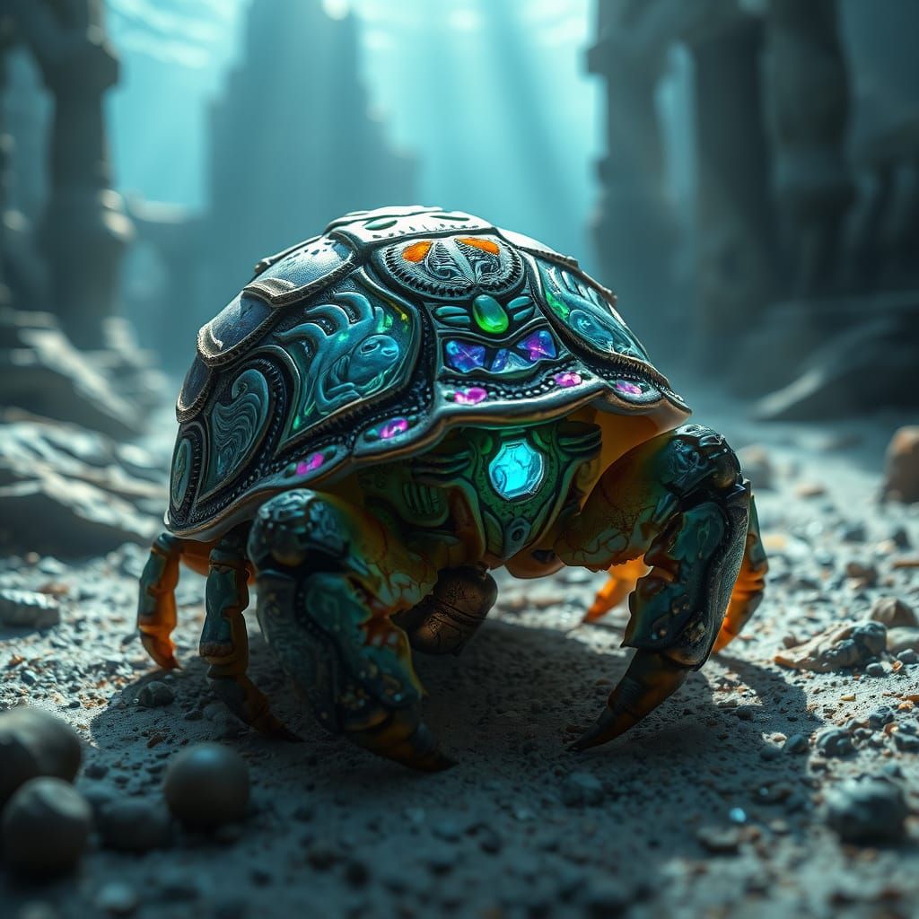 Bioluminescent Hermit Crab Exploring Sunken City Ruins