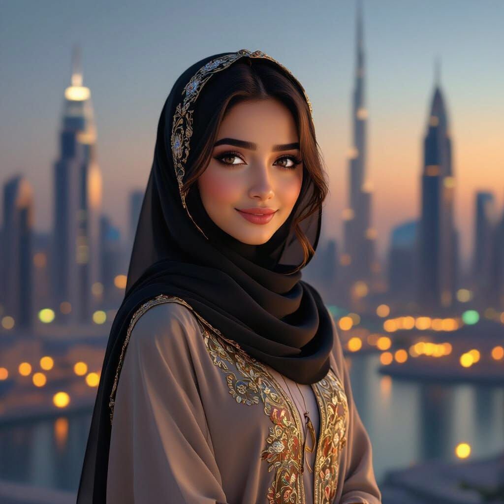 Emirati Woman in Dubai Dusk, Hyperrealistic Digital Art