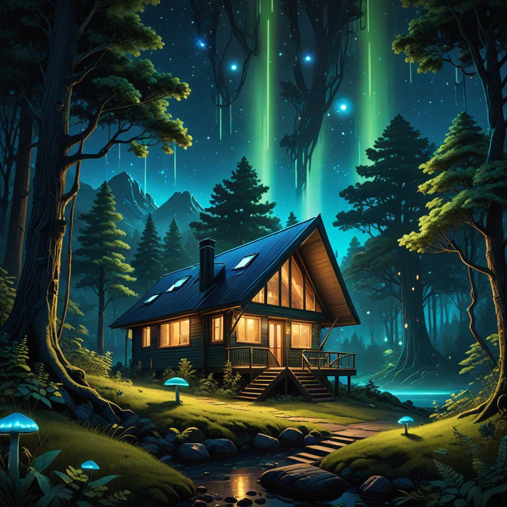 Mountain Cottage in Cyberpunk Futurism Style