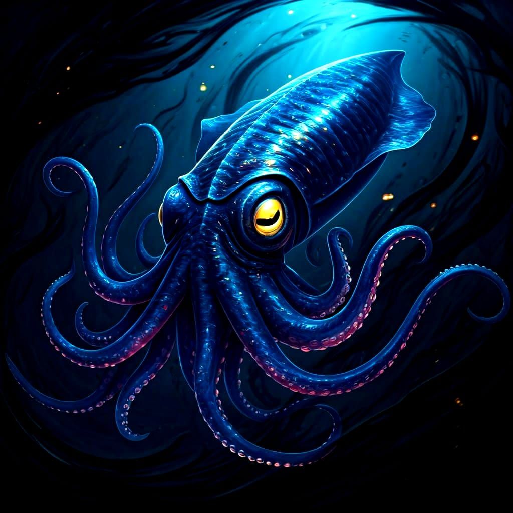 Giant Squid with Glowing Eye, Dark Fantasy Art