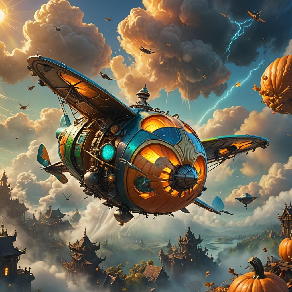 Pumpkin Airplane Soaring in Misty Sky