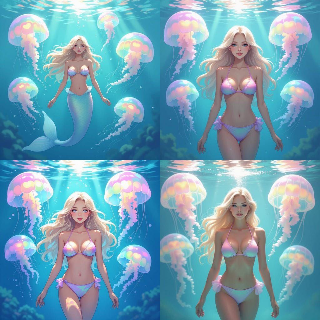 Pastel Mermaid Swimming with Glowing Jellyfish