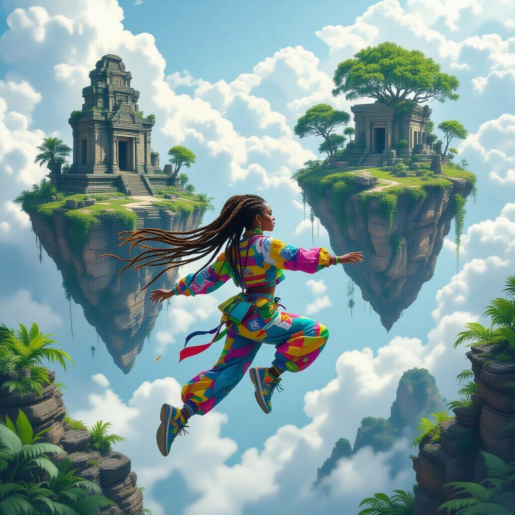 Afro-American Woman Jumps Between Floating Islands in Surrea...