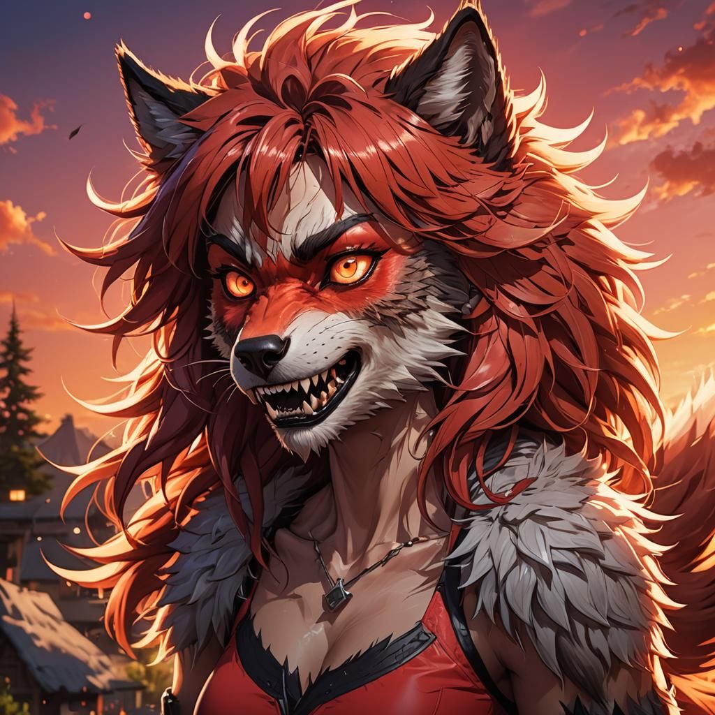 Anime Werewolf Girl Transformation in Sunset Colors