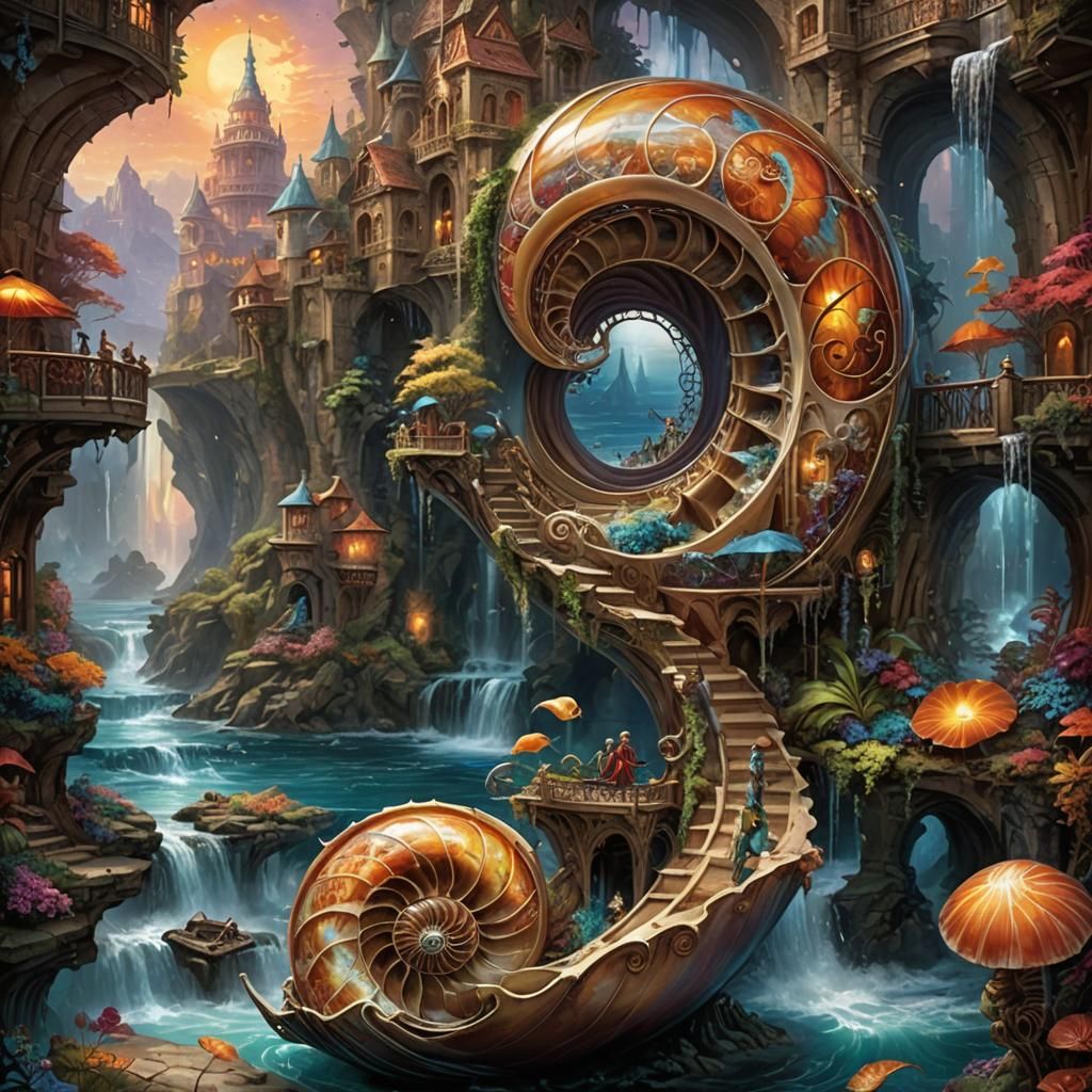 Fantasy Scenes in Nautilus Shell: Digital Art
