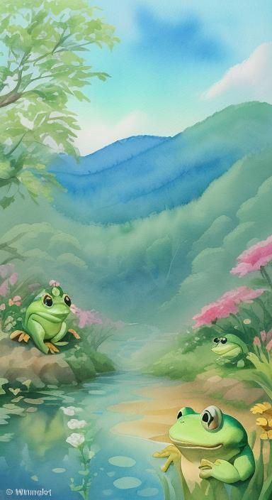 Joyful Cartoon Character in Dreamy Watercolor Landscape