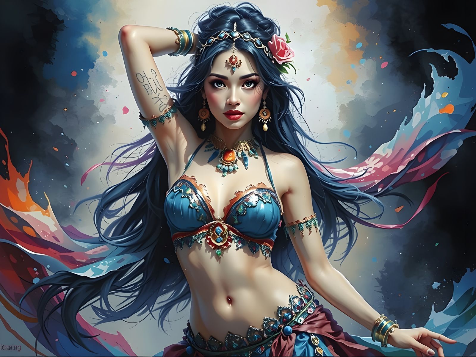 Fantasy Belly Dancer in Deep, Vibrant Colors