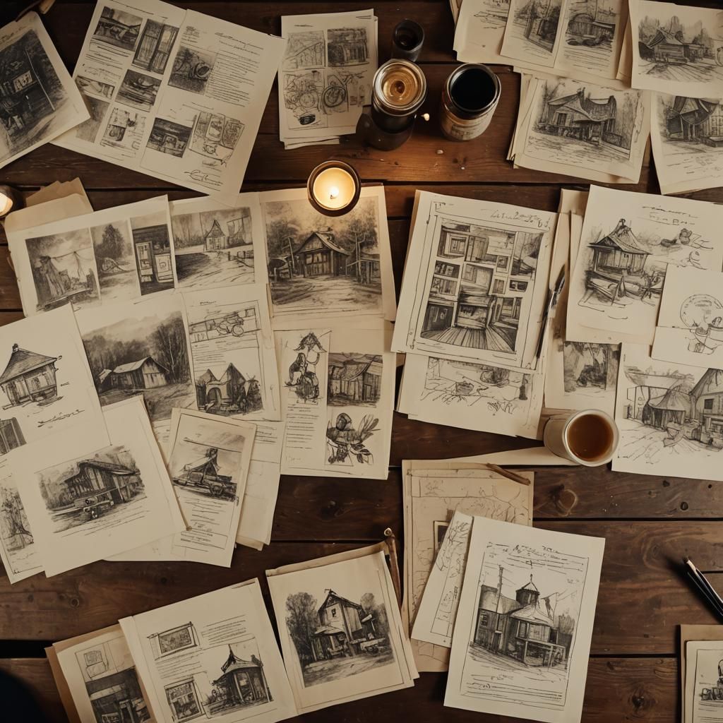 Cozy Drawings Above Rustic Table in Film Aesthetic