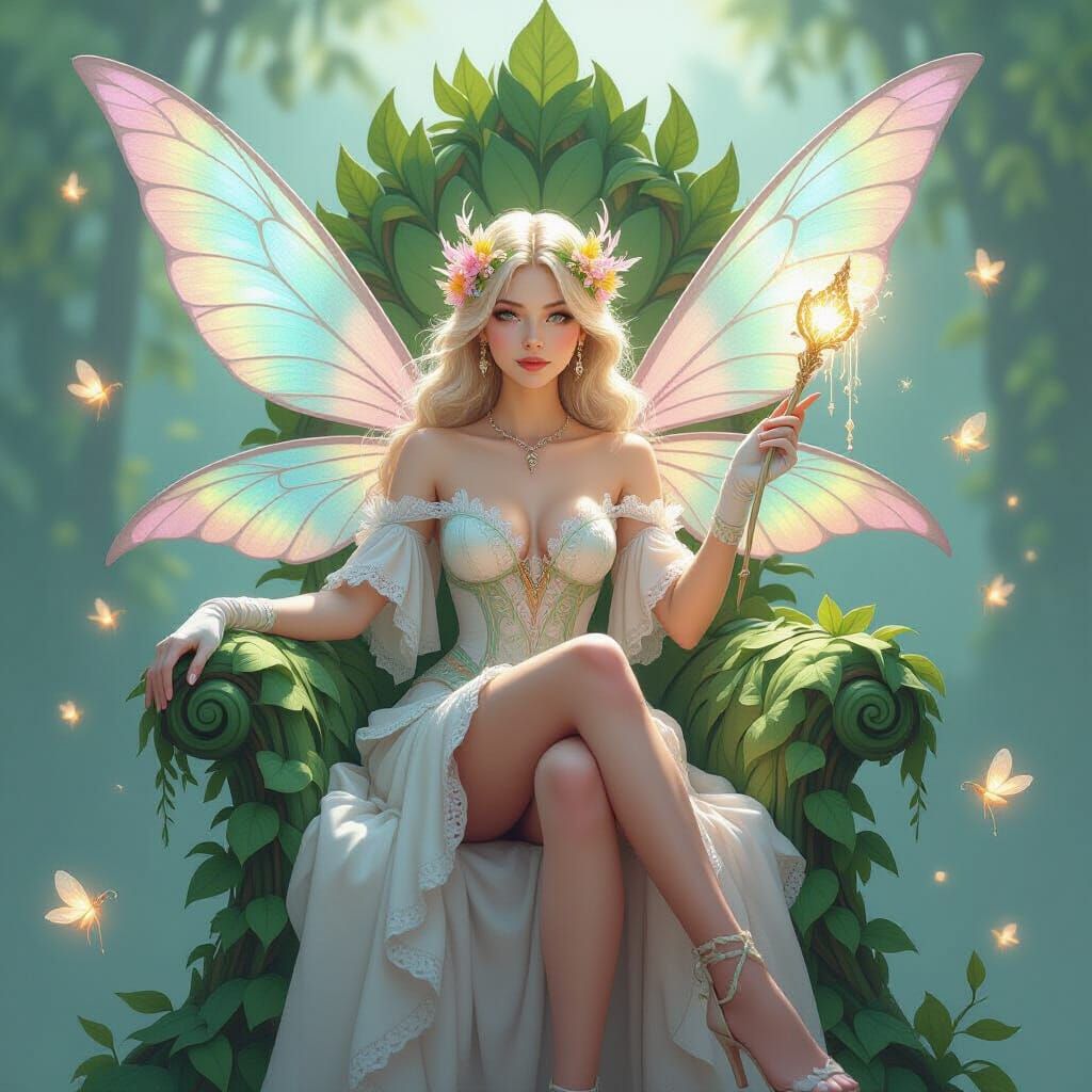 Fairy Queen on Leaf Throne with Dragonfly Wings