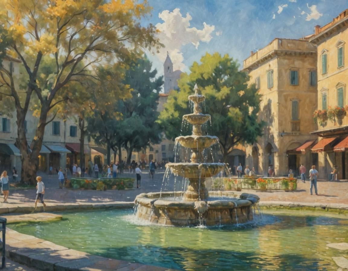 Florence Plaza Fountain in Impressionist Style