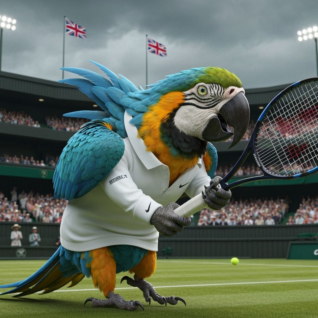 Macaw Plays Tennis at Wimbledon in Hyperreal Detail