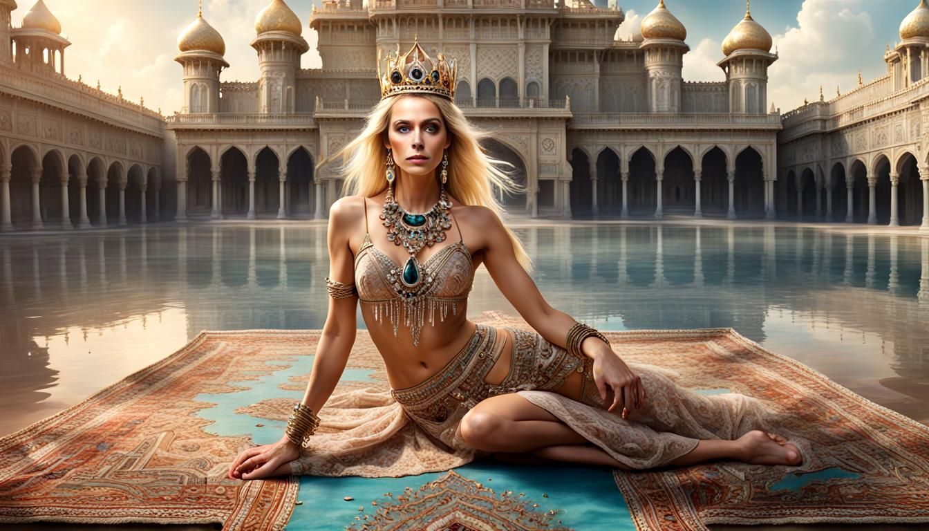 Blonde Woman on Flying Carpet Over Palace