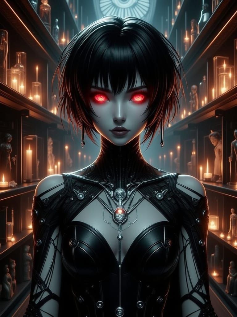 Short black haired goth elf woman with red eyes and lips, pale complexion, wearing goth clothes and silver jewelry stand...