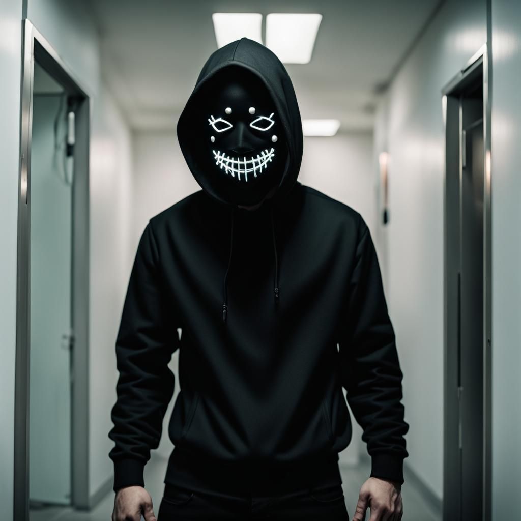 Creepy Neon Masked Figure in Black