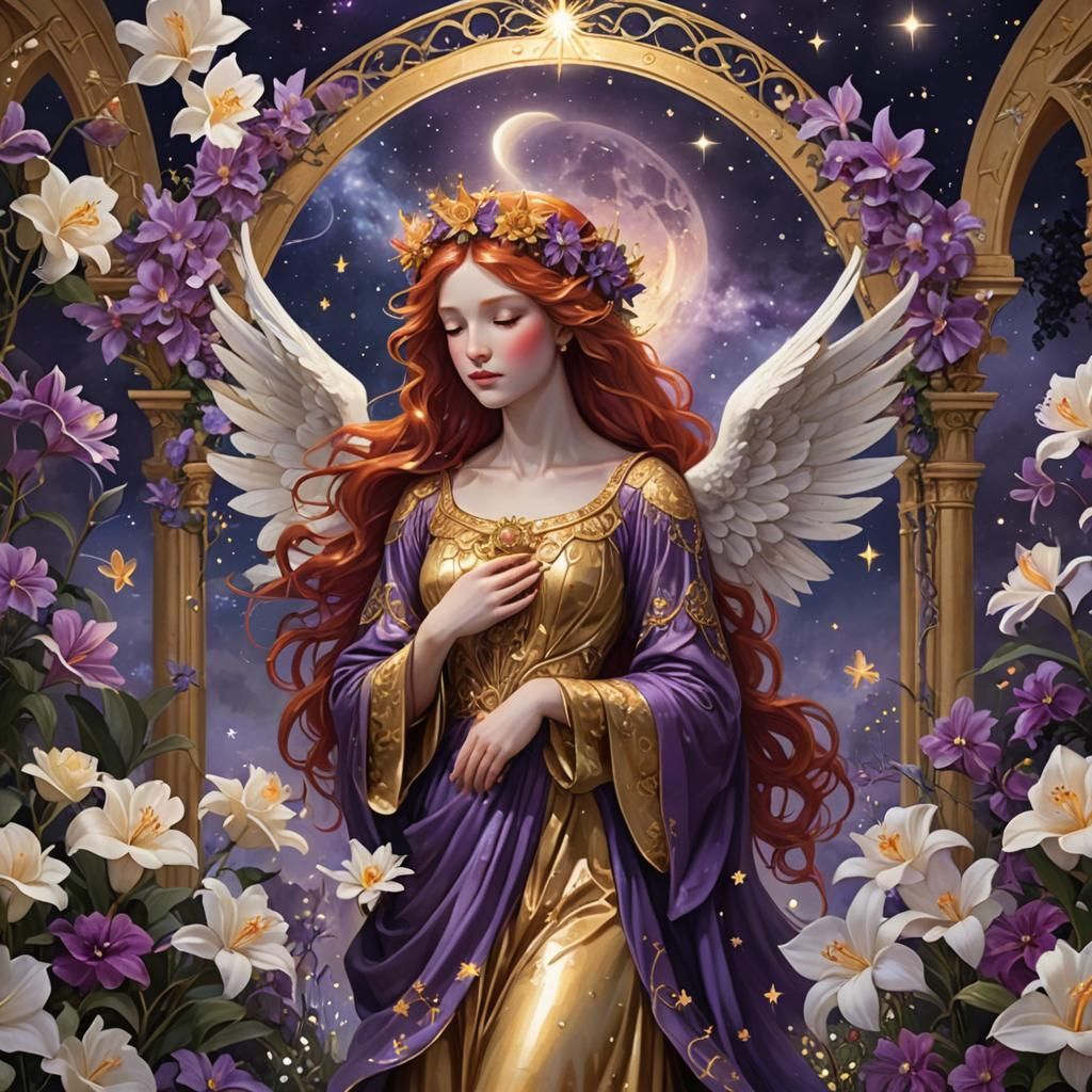 Sorrowful Angel in Night Garden with Roses