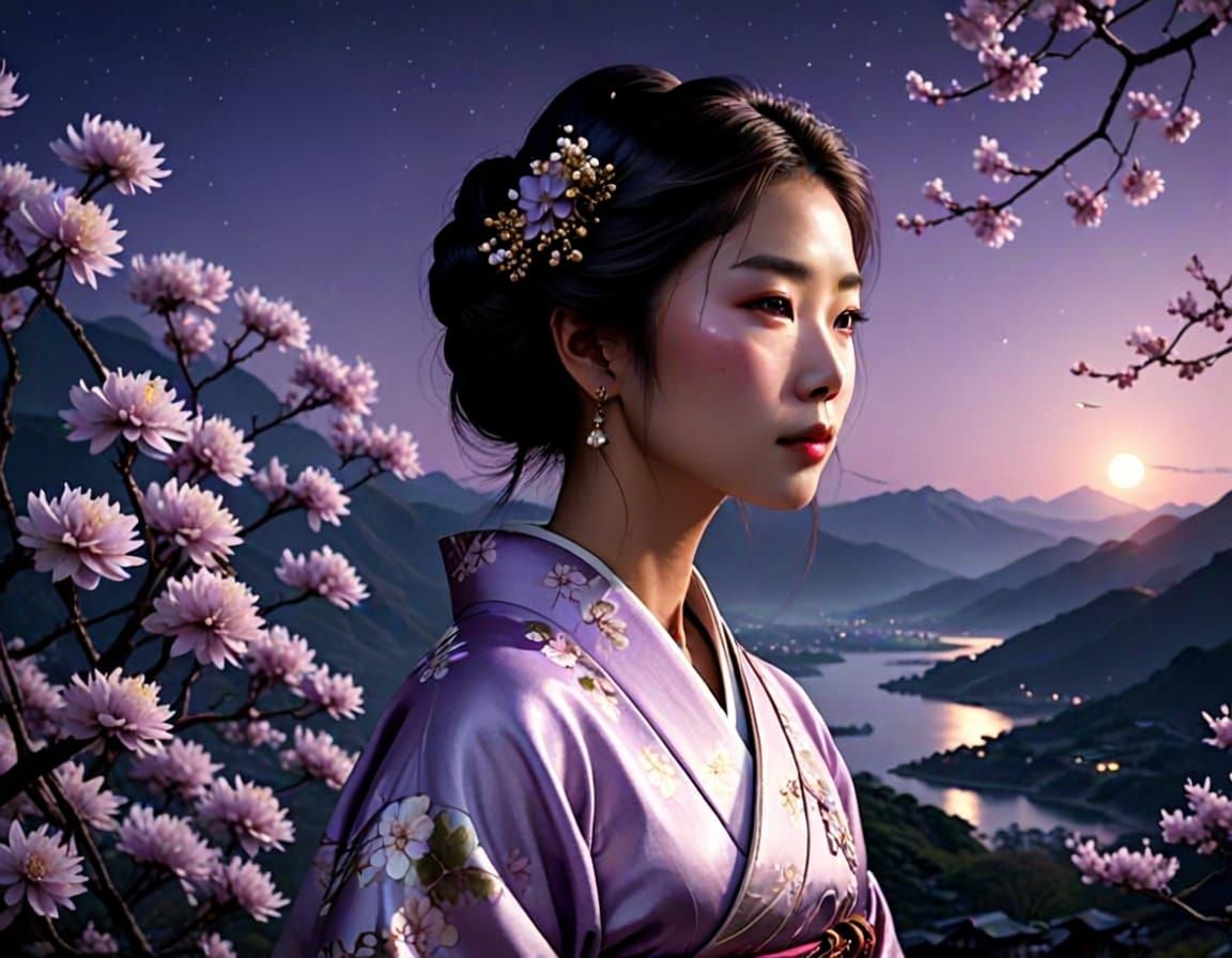 Ethereal Asian Woman Under Moonlight