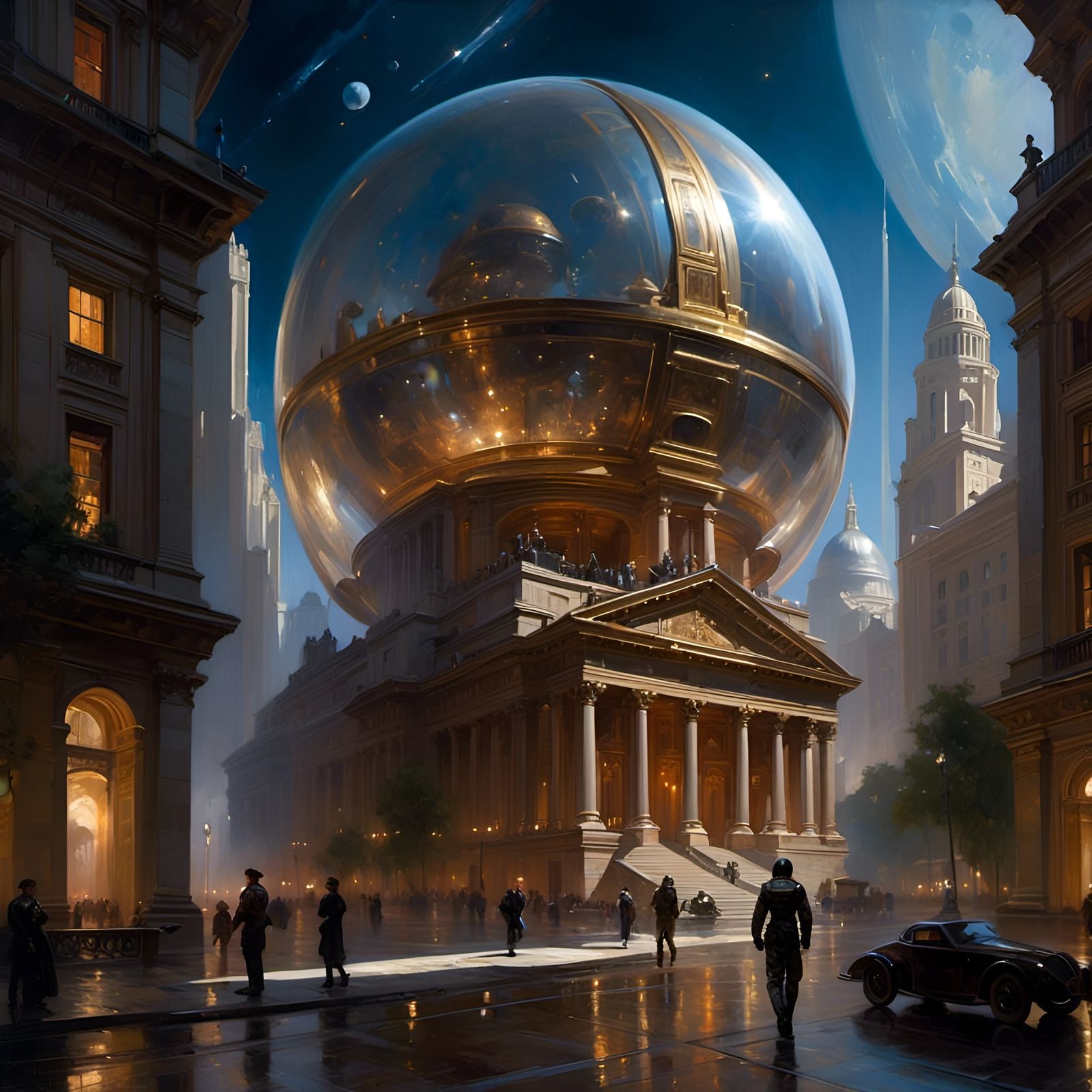 Cosmic Astronaut Helmet Reflecting Futuristic City