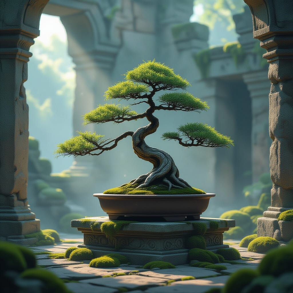 Ancient Bonsai in Temple Ruins, Delicate Concept Art Style