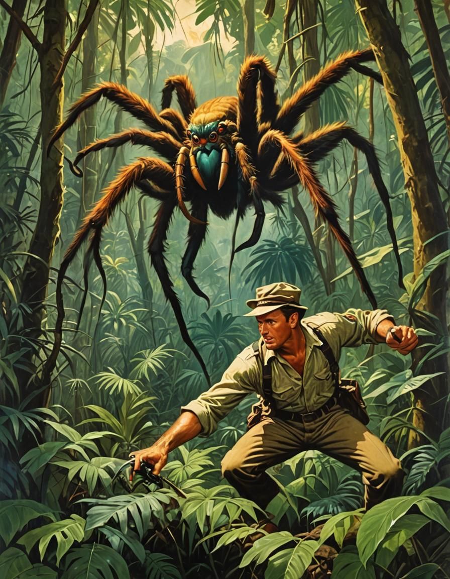 Jungle Explorer Confronts Giant Spider in Pulp Art