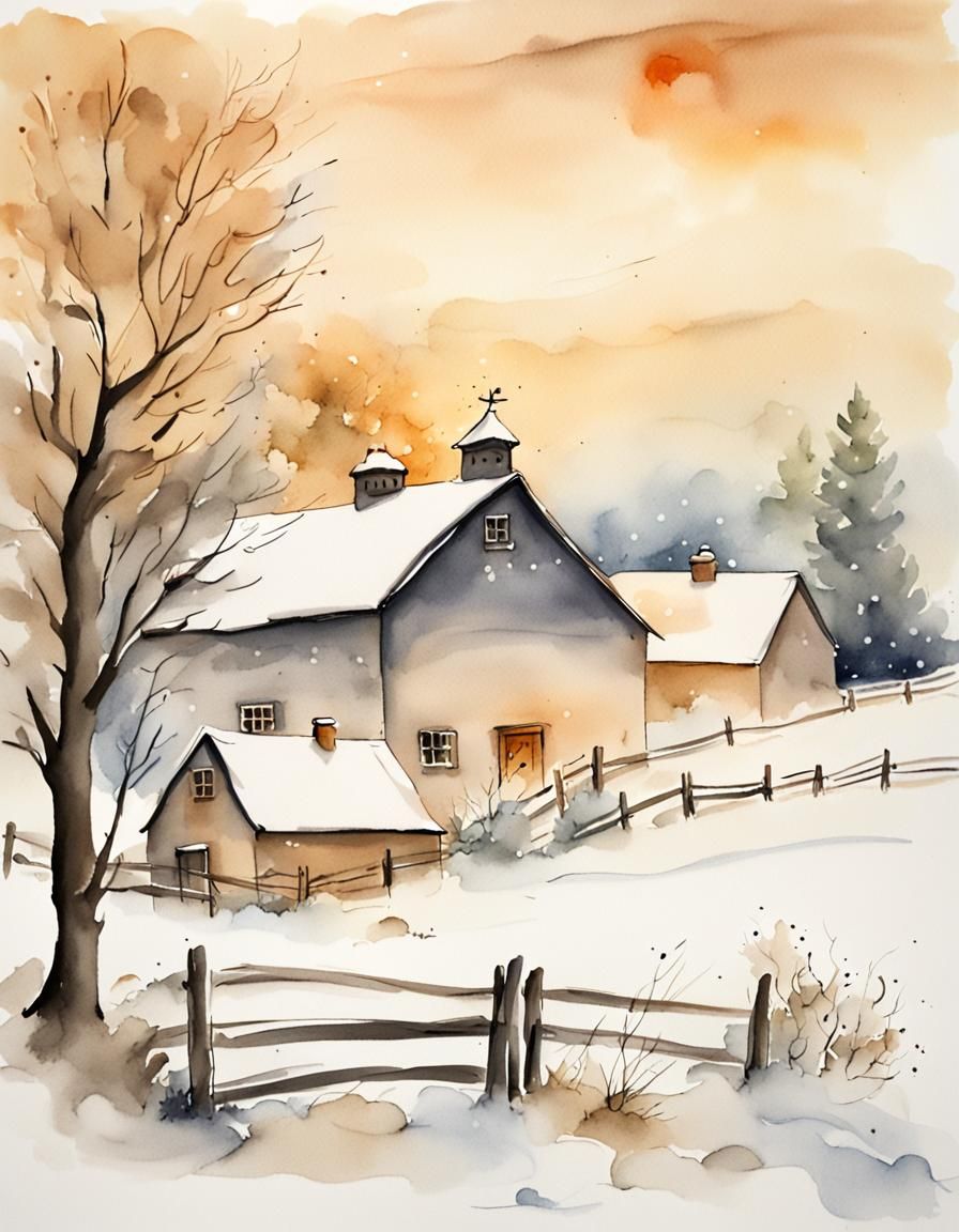 Whimsical Winter Farm Scene in Beatrix Potter Style