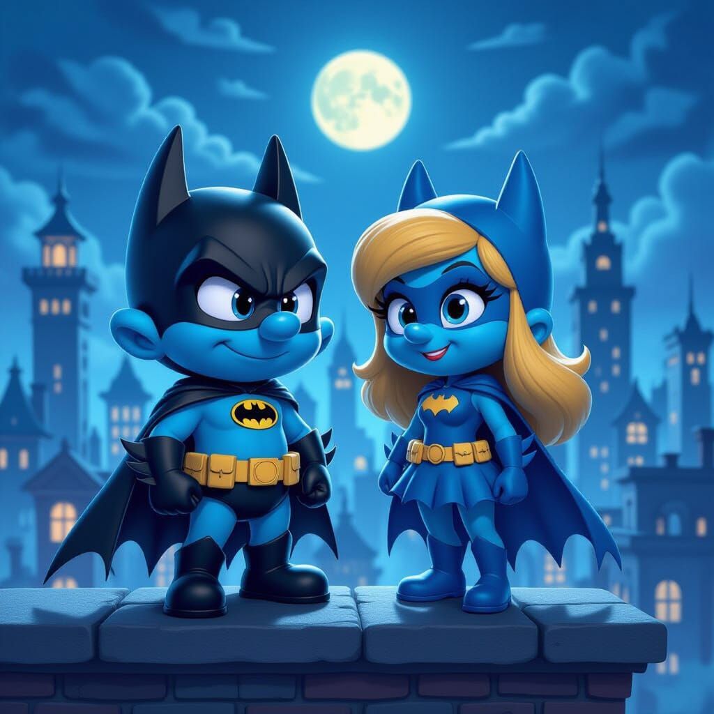 Smurf Batman and Batgirl Over Gotham Smurf City