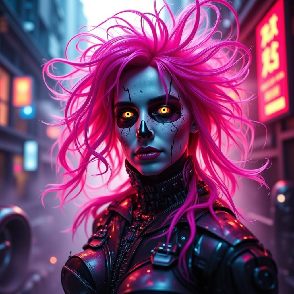 Eerie Cyberpunk Character with Undulating Hair and Sugar Sku...