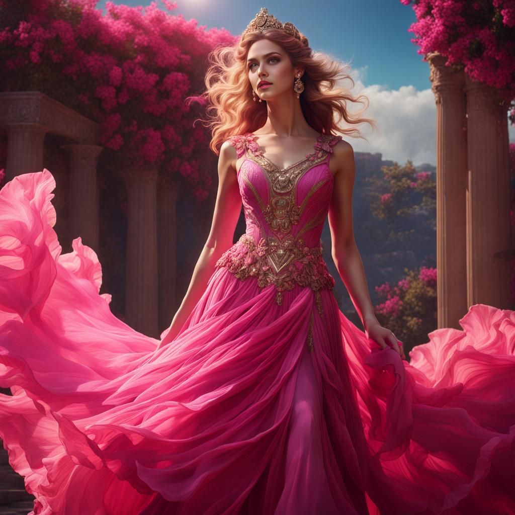 Aphrodite in Pink Lace Dress: Fantasy Art