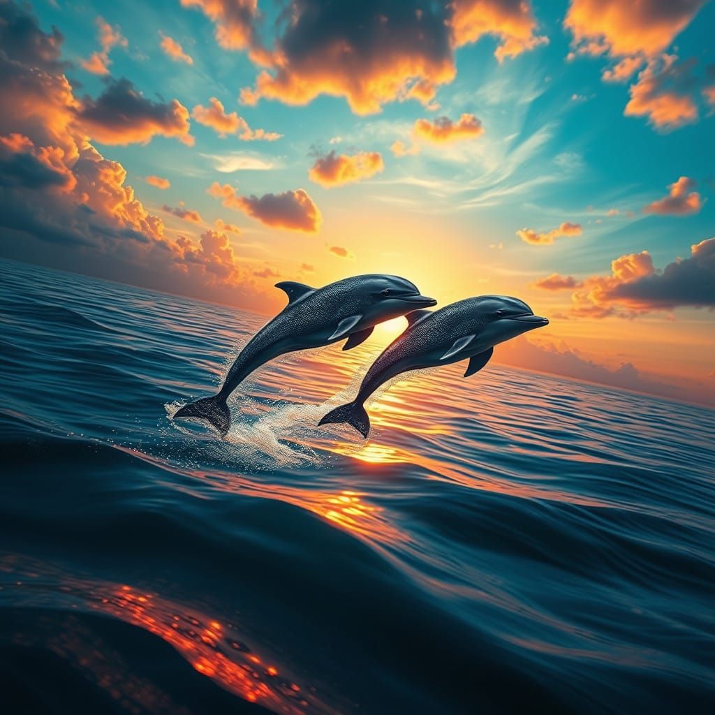 Surreal Sunset with Majestic Flying Dolphins