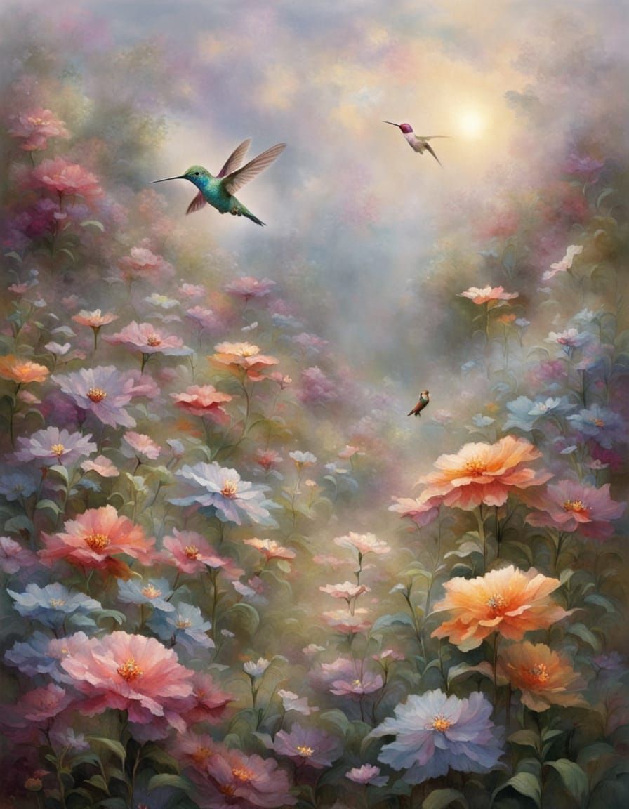 Hummingbird Hovers Over Delicate Flowers in Ethereal Light