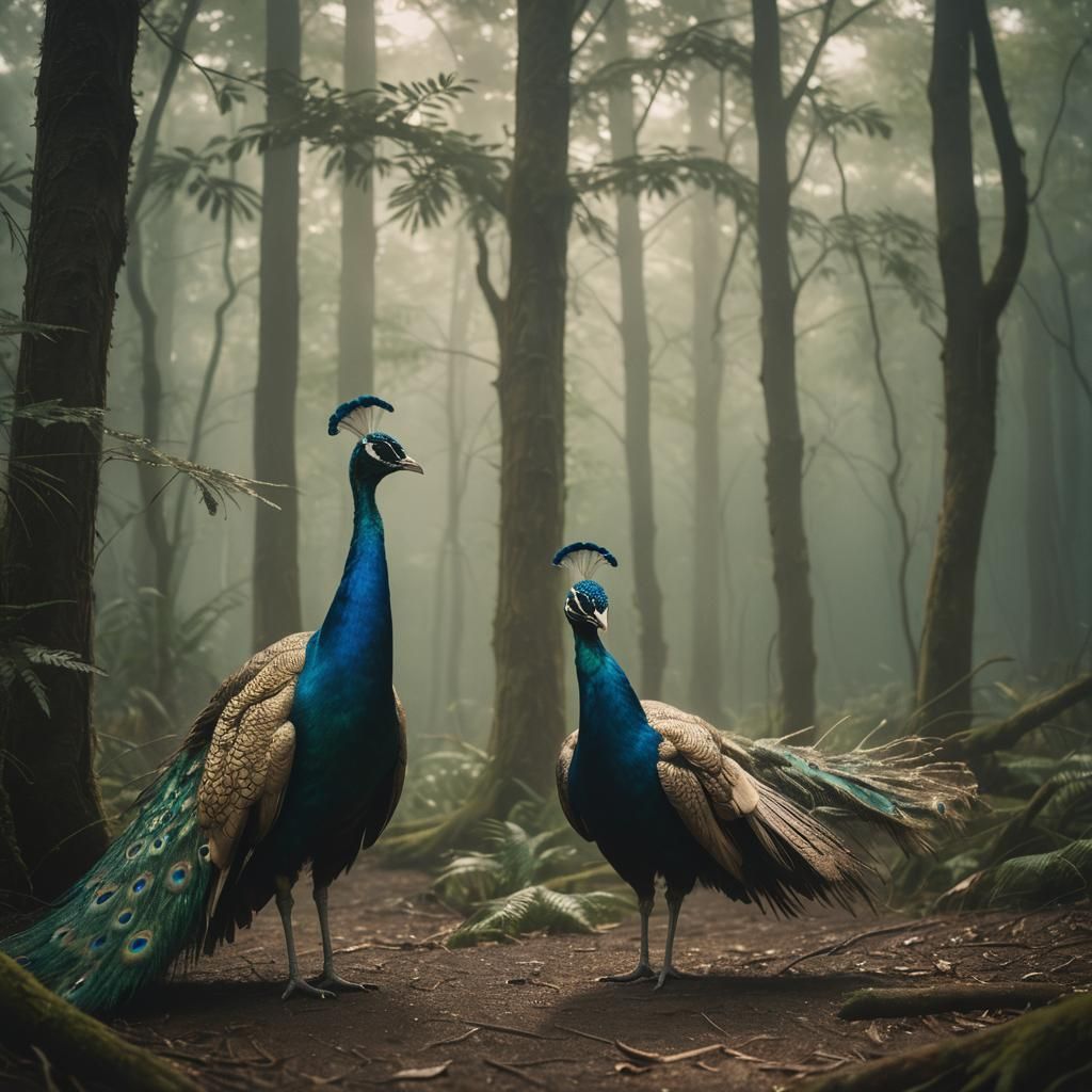 Radiant Peacock in Misty Forest: Cinematic Film Still