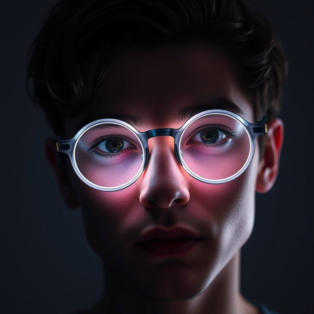 Glowing Round Glasses: A Close-Up Portrait