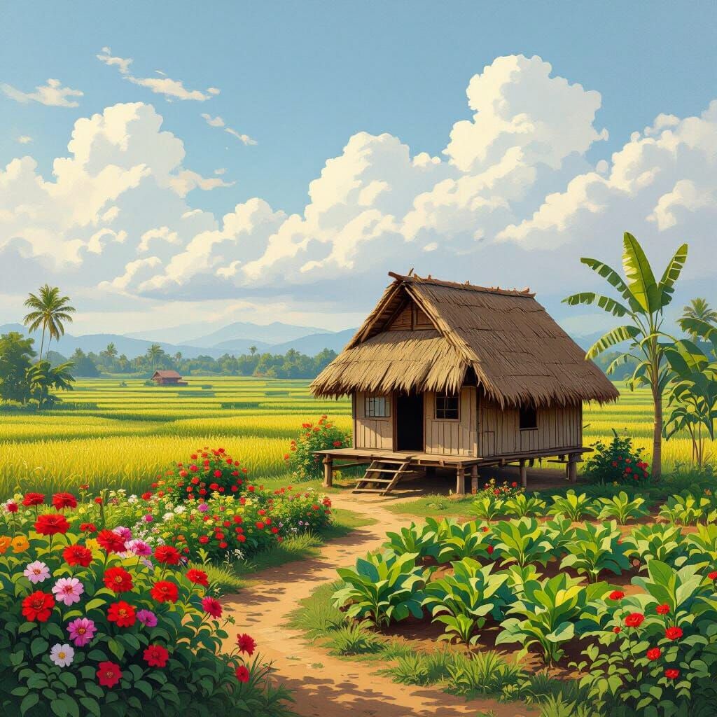 Serene Nipa Hut Surrounded by Rice Fields