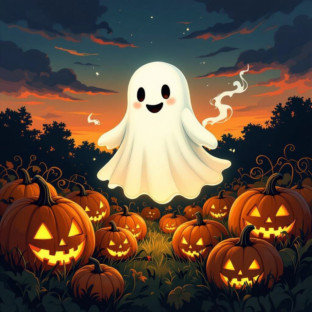Friendly Ghost in Pumpkin Patch at Dusk
