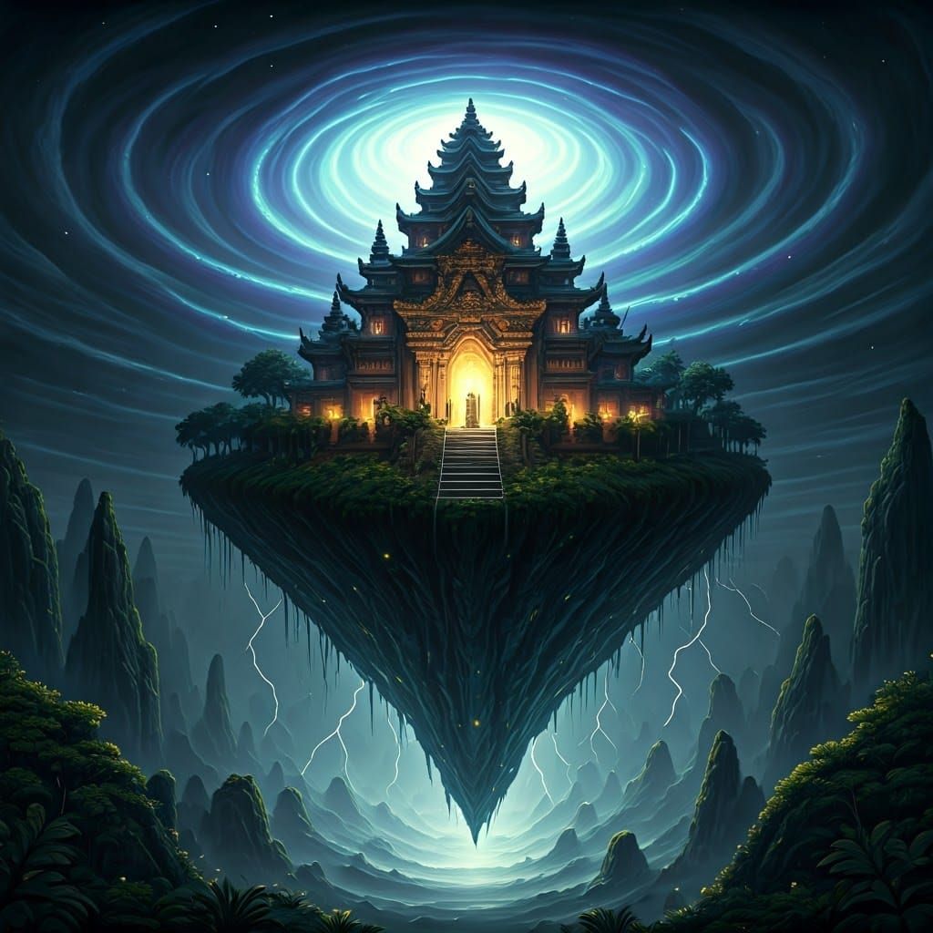 Temple Descent During Apocalyptic Storm