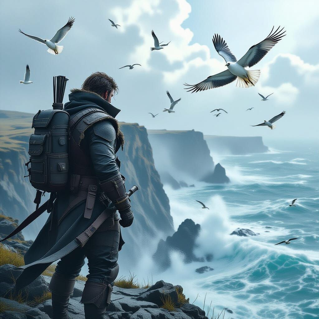 Hunter Overlooking Turbulent Ocean with Birds, Cinematic Lig...