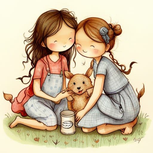 Whimsical Friendship Illustration in Vintage Style