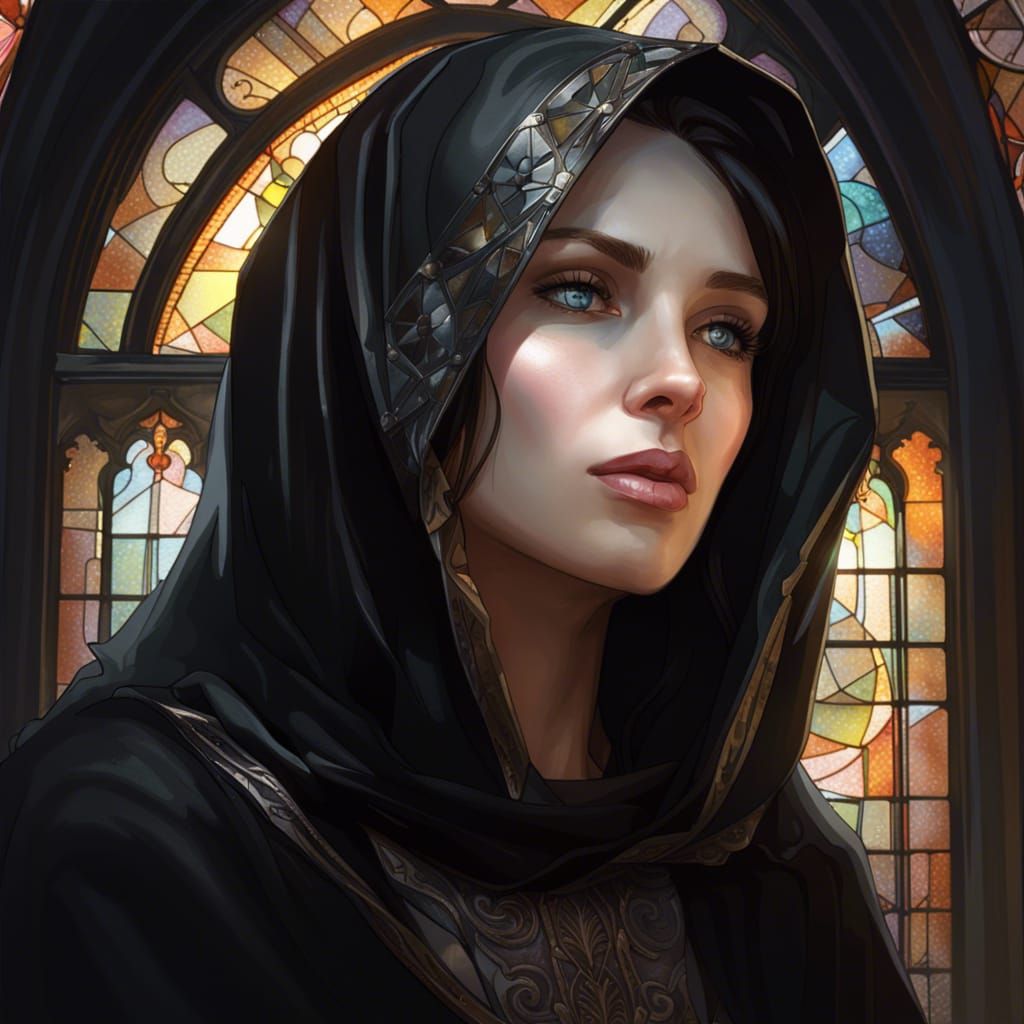 Pale Woman in Mantilla with Stained Glass