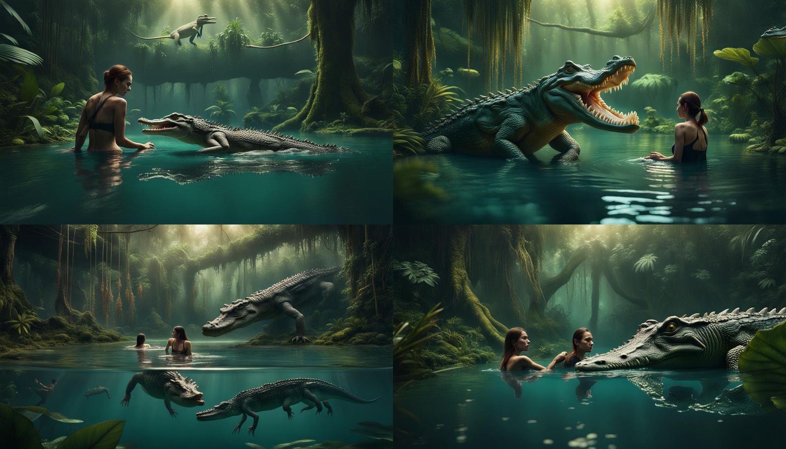 People Swim With Crocodiles in Rainforest Pond