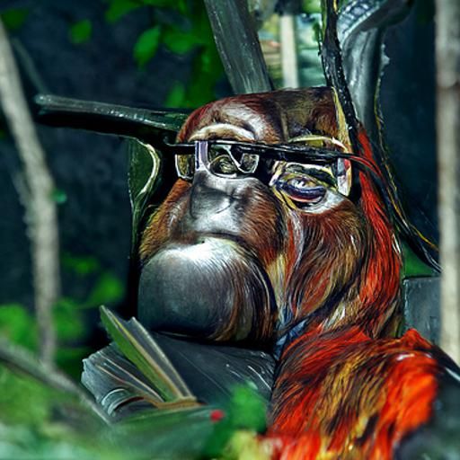 Orangutan Reads Book in Jungle, Hyper-Realistic