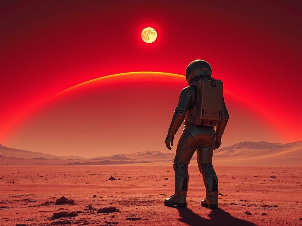Astronaut Gazing Out at Crimson Planetary Horizon in Industr...