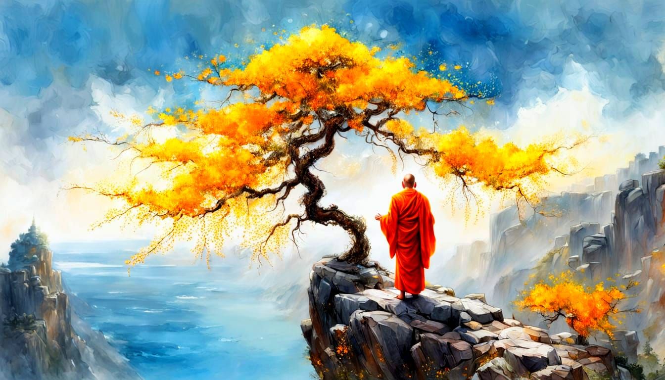 Buddhist Monk Contemplates Blossoming Tree in Oil Painting S...