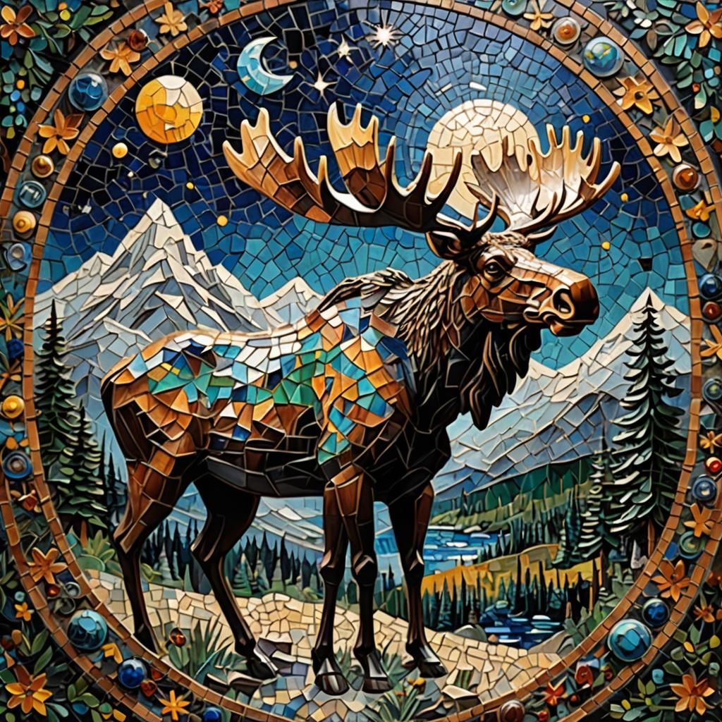 Maximalist Moose in Moonlit Mosaic Masterpiece