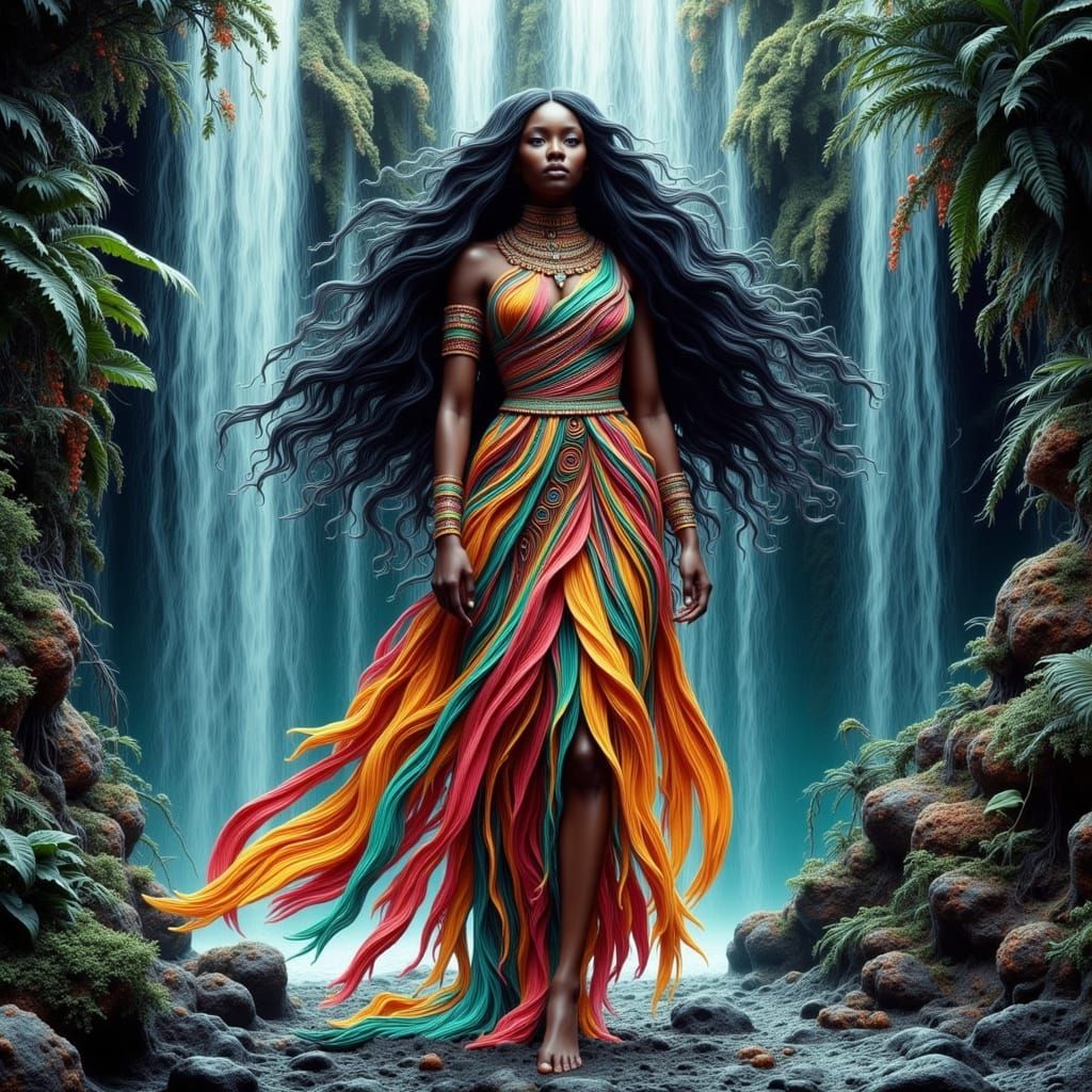 African Goddess Emerges from Waterfall in Afrofuturist Style